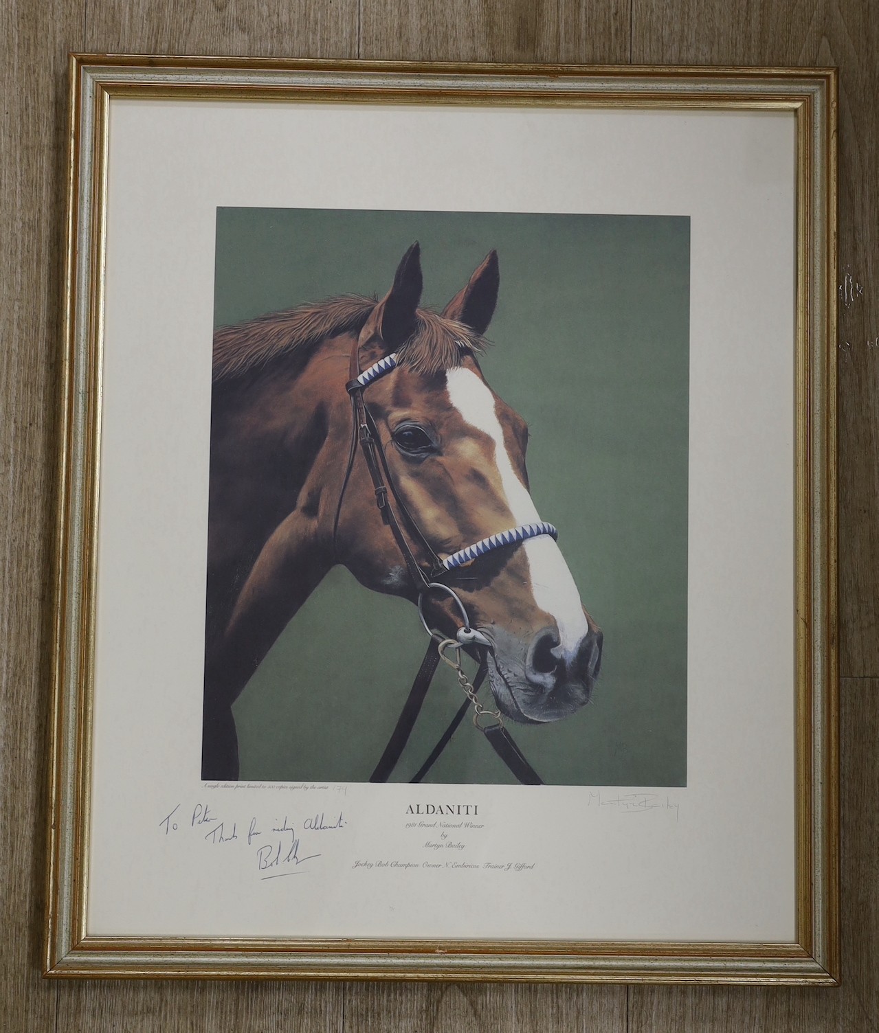 Framed photograph, Aldaniti, autographed by Bob Champion